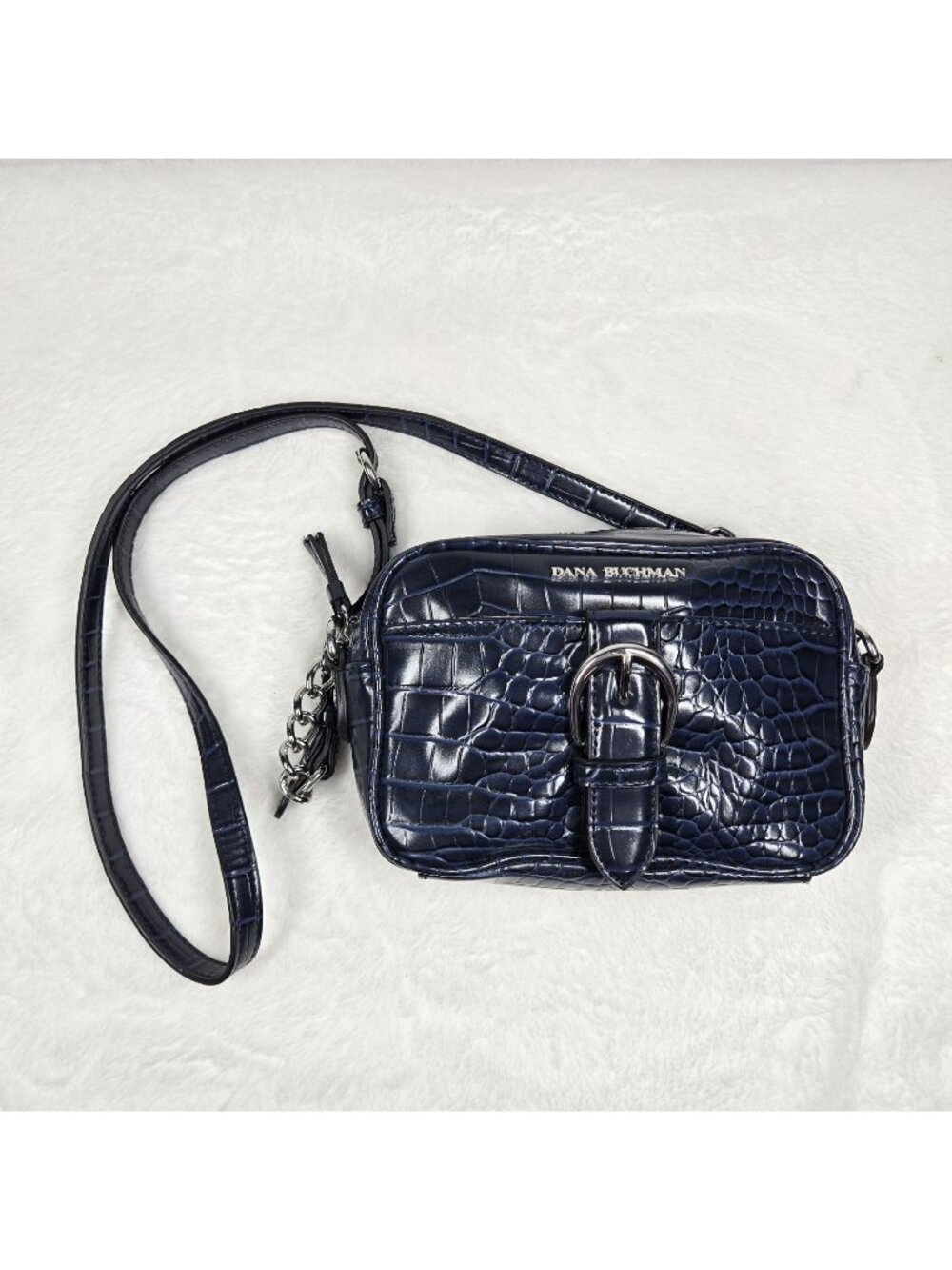 Dana Buchman Navy Blue Crossbody Purse Alligator Crocodile Pattern Chain Strap